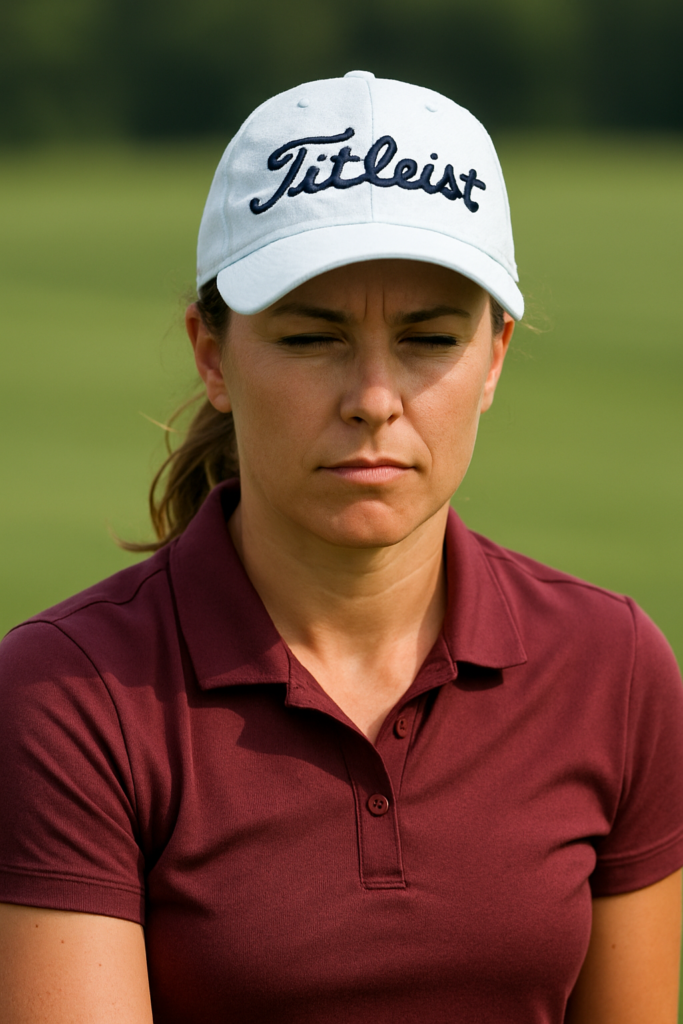 mujer golfista analiza medita piensa en su juego interno